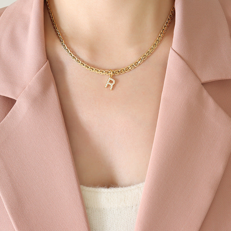 Brass Inlaid Zircon Letter Pendant Necklace Style R One Size