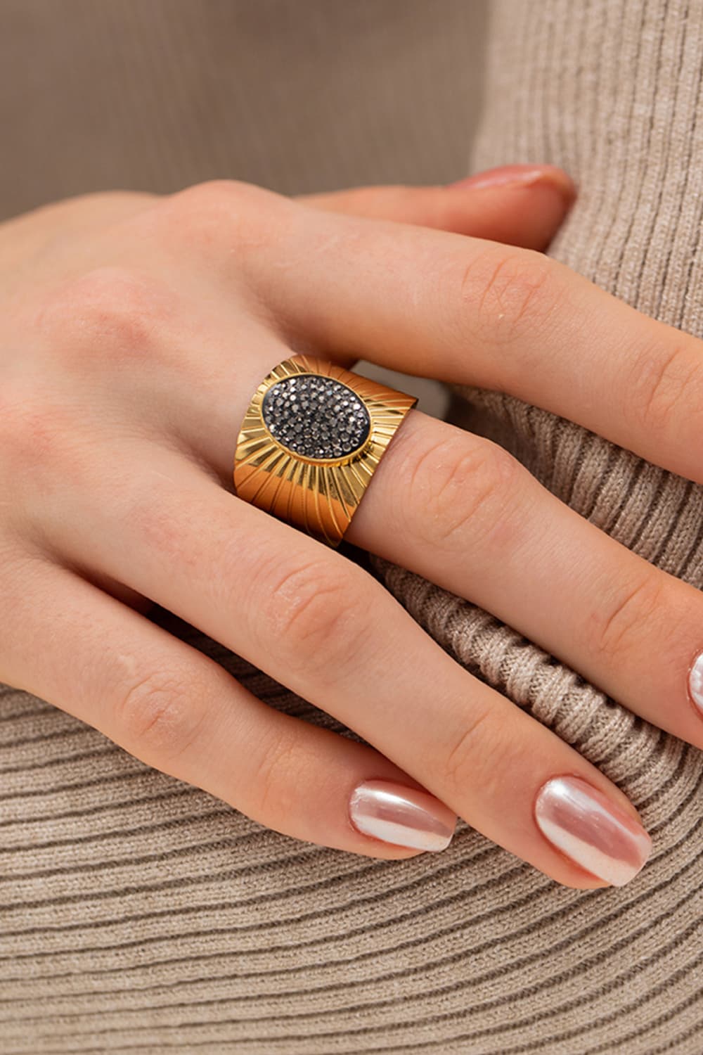 Wide Band Stainless Steel Open Ring Black One Size
