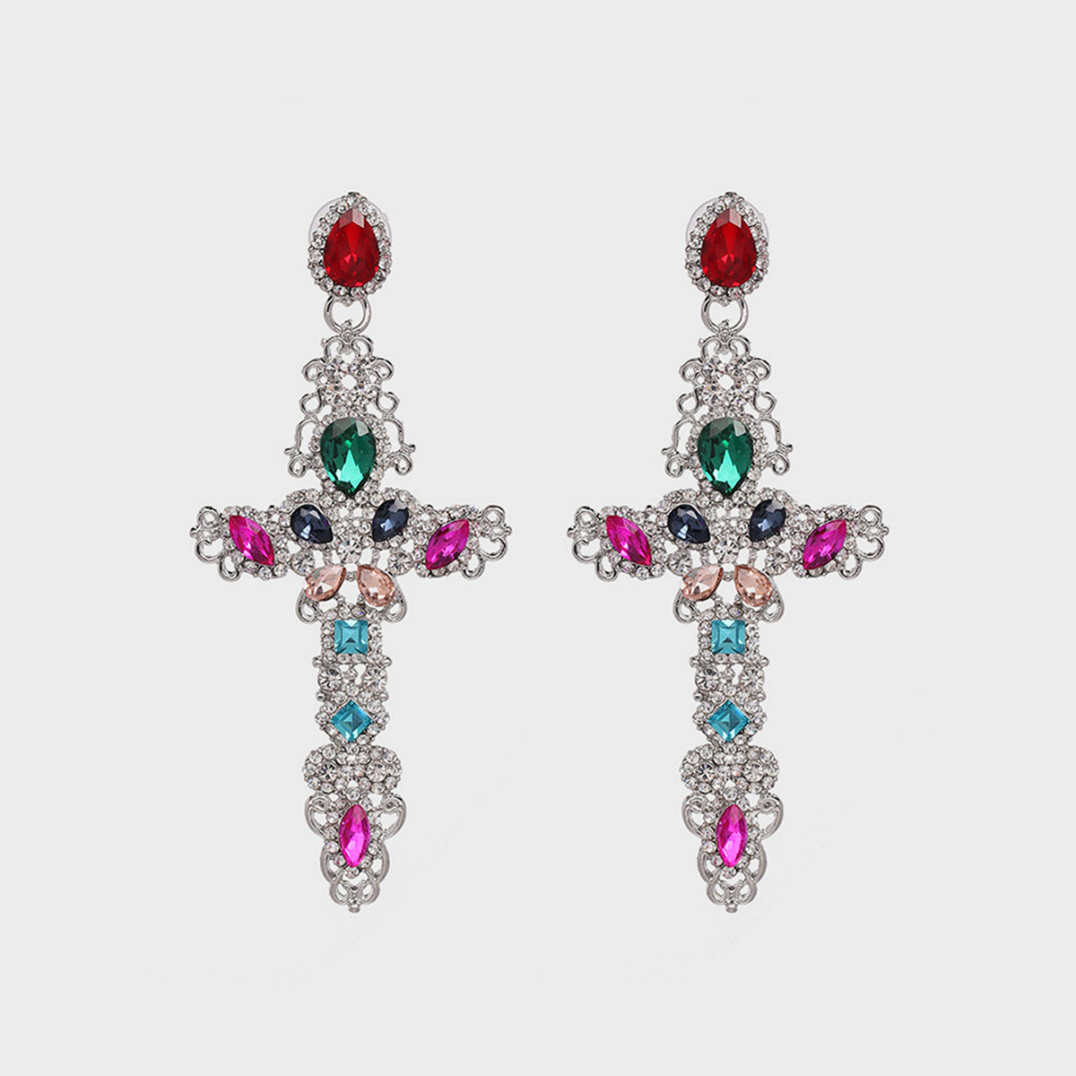 Rhinestone Alloy Cross Earrings Silver One Size