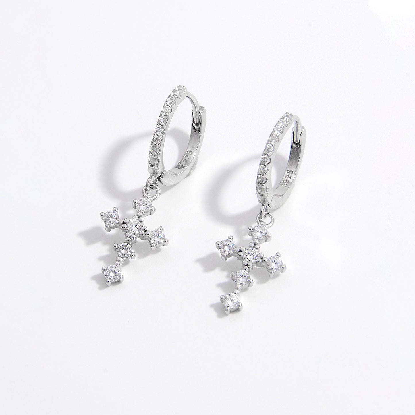 925 Sterling Silver Inlaid Zircon Cross Dangle Earrings Silver One Size