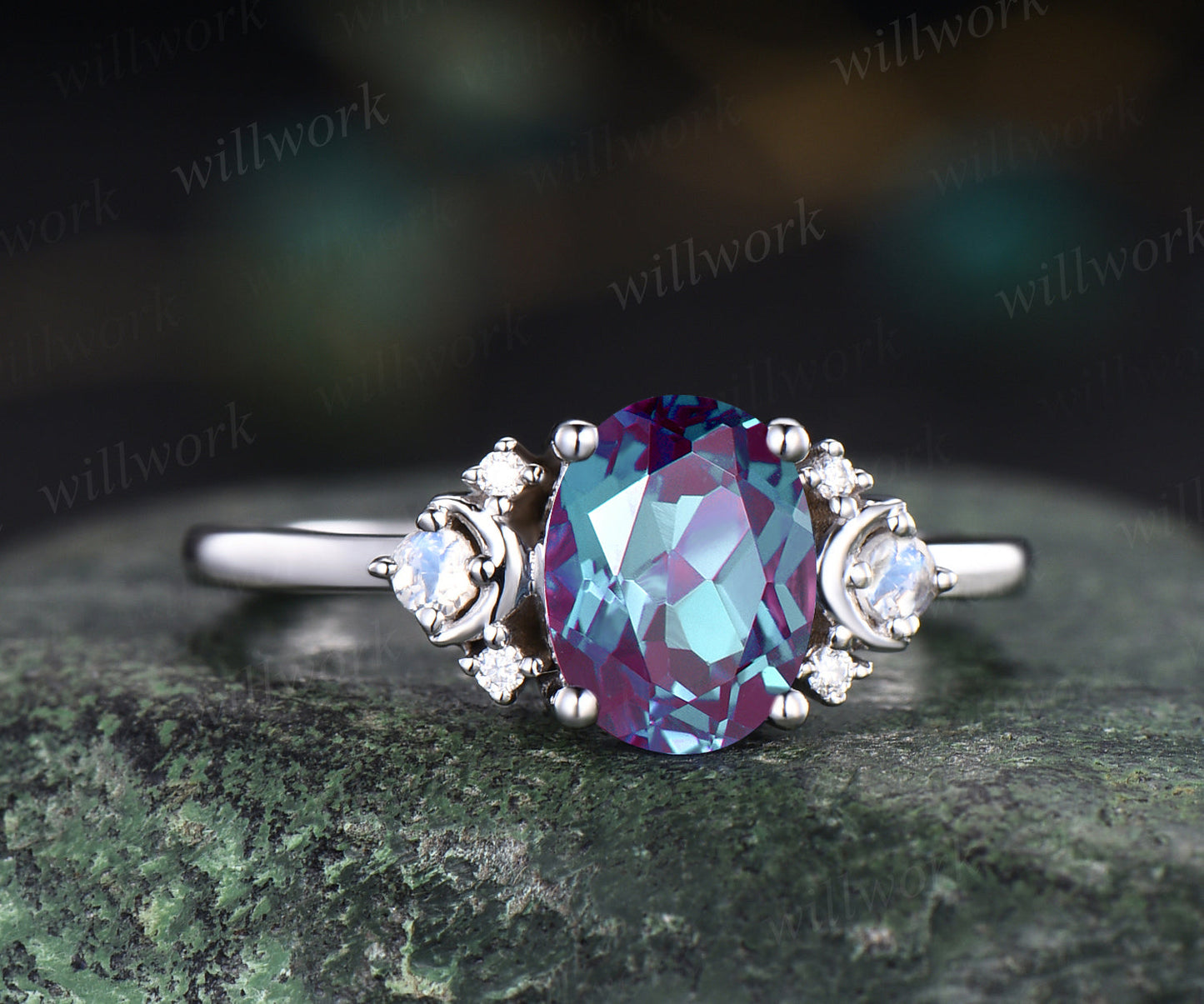 1.5ct oval cut Alexandrite engagement ring unique deco moon ring crescent nature inspired ring June birthstone promise anniversary ring for women