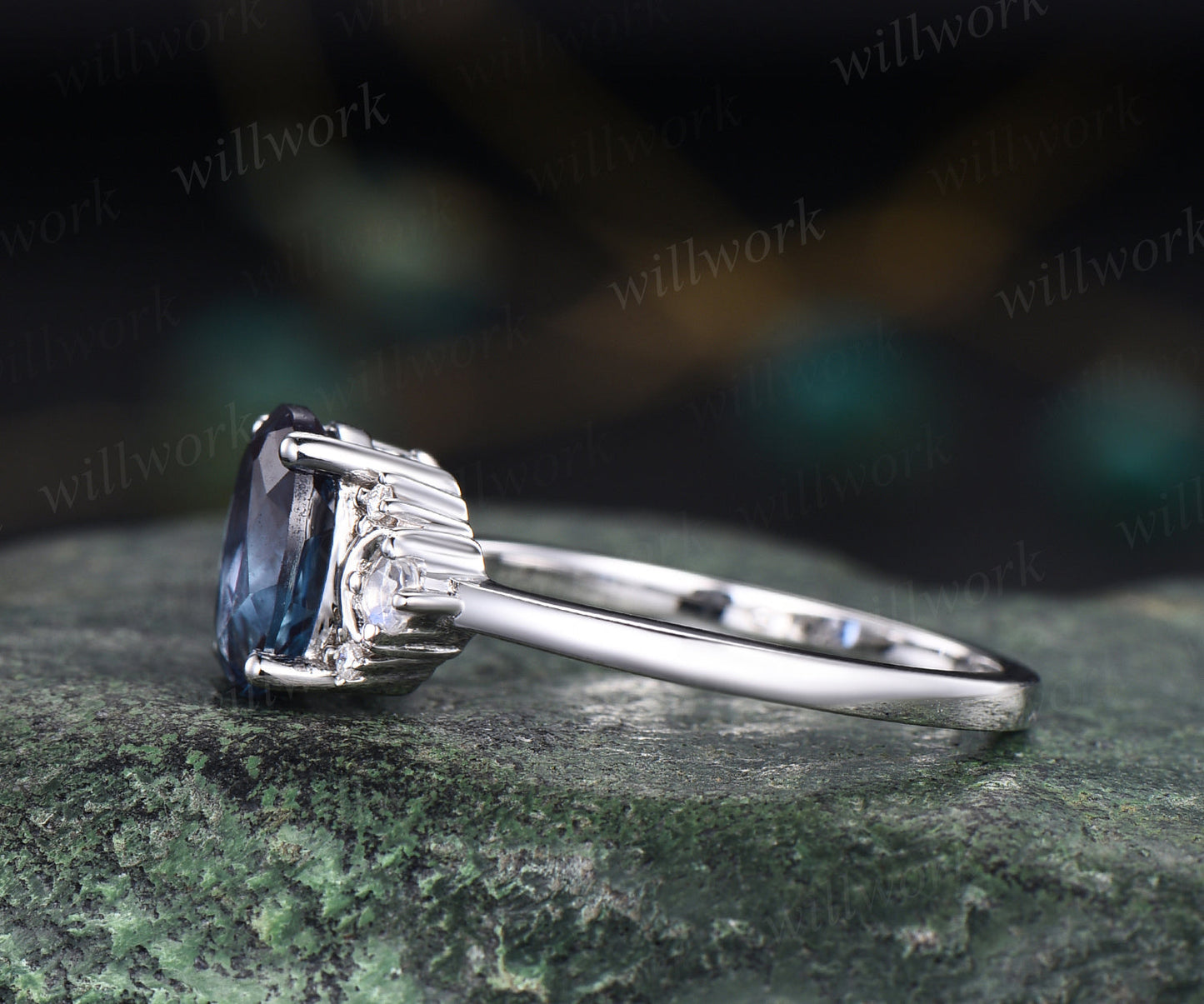1.5ct oval cut Alexandrite engagement ring unique deco moon ring crescent nature inspired ring June birthstone promise anniversary ring for women