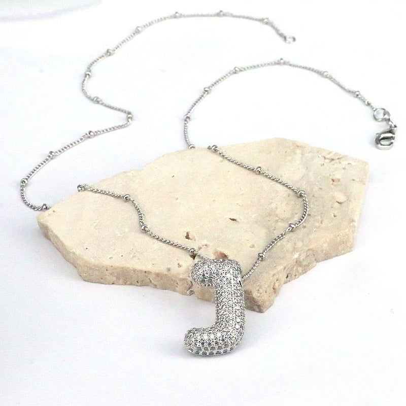 Copper Inlaid Zircon Letter Pendant Necklace Style J One Size