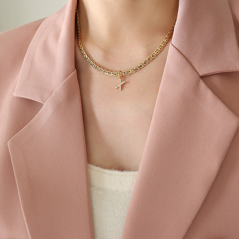 Brass Inlaid Zircon Letter Pendant Necklace Style X One Size