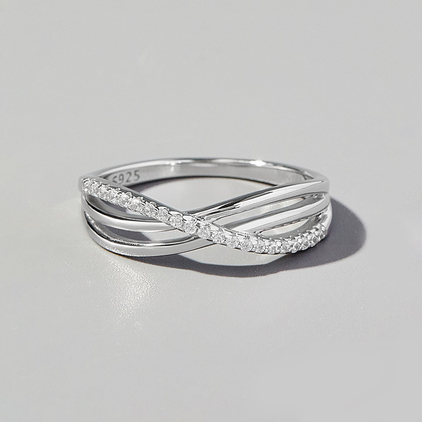 Crisscross Inlaid Zircon 925 Sterling Silver Ring Silver