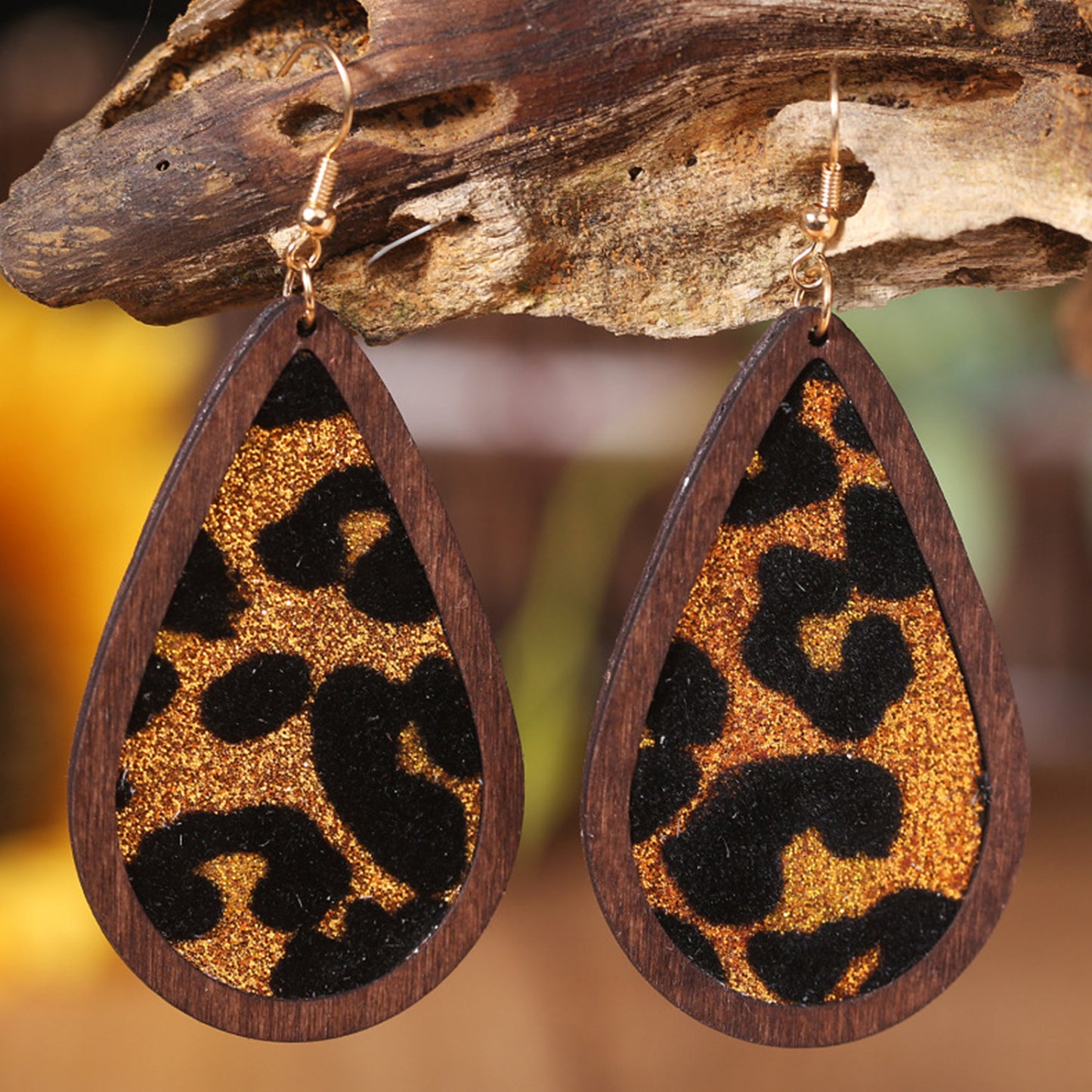 Sequin Wood Teardrop Earrings Leopard One Size