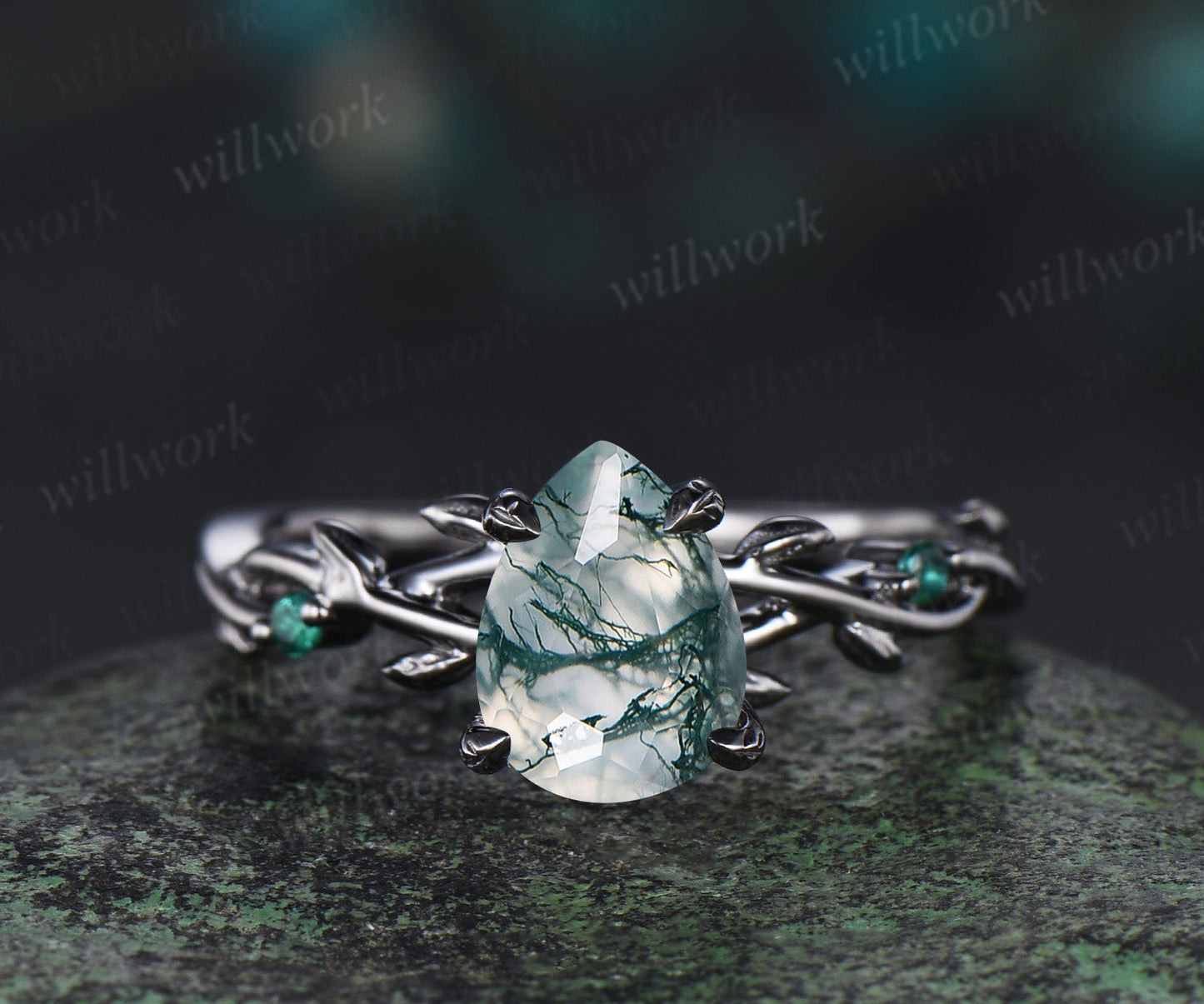 14K Black Gold Natural Green Moss Agate Emerald Engagement Ring Set Twig Vine Pear Moss Agate Wedding Ring Goth Black Promise Rings Anniversary gift 1pc engagement ring
