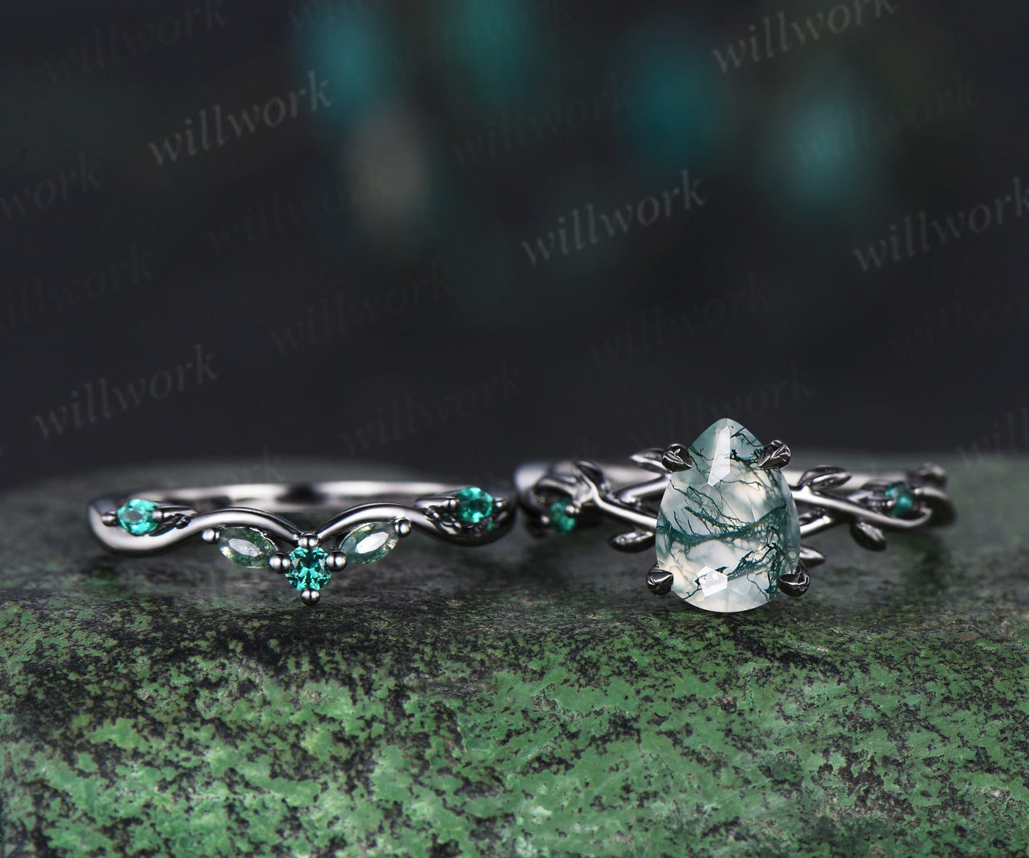 14K Black Gold Natural Green Moss Agate Emerald Engagement Ring Set Twig Vine Pear Moss Agate Wedding Ring Goth Black Promise Rings Anniversary gift