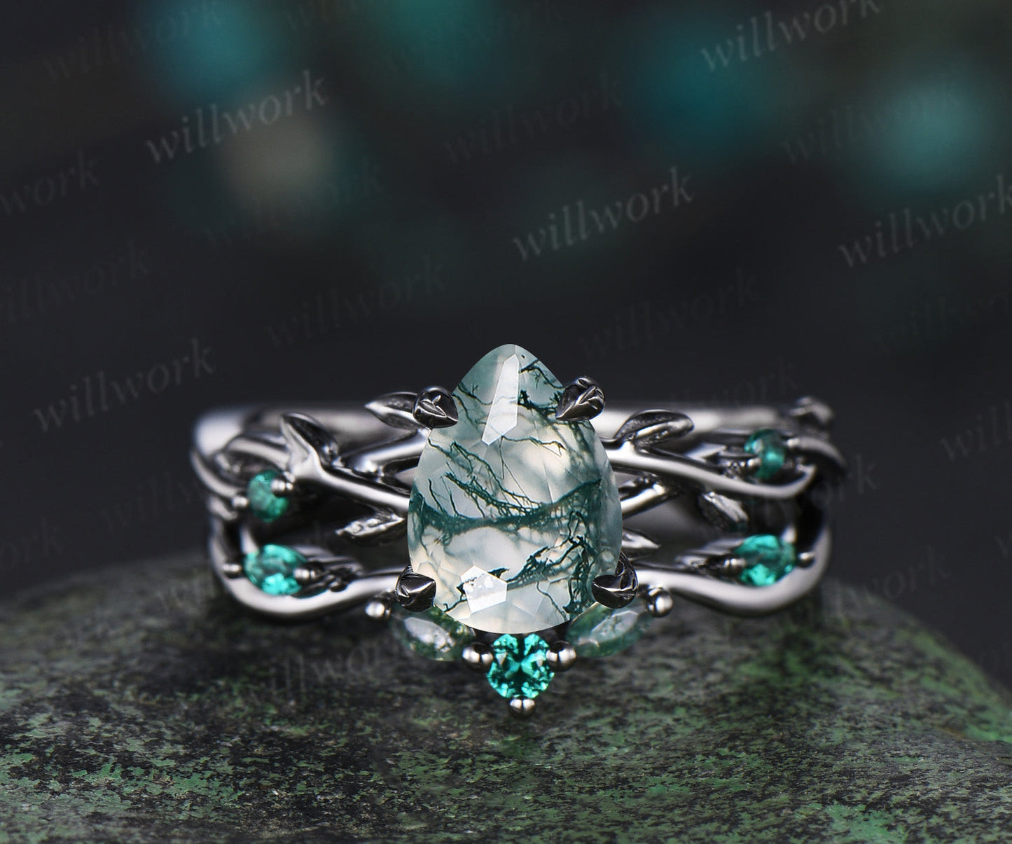 14K Black Gold Natural Green Moss Agate Emerald Engagement Ring Set Twig Vine Pear Moss Agate Wedding Ring Goth Black Promise Rings Anniversary gift 2PC ring set