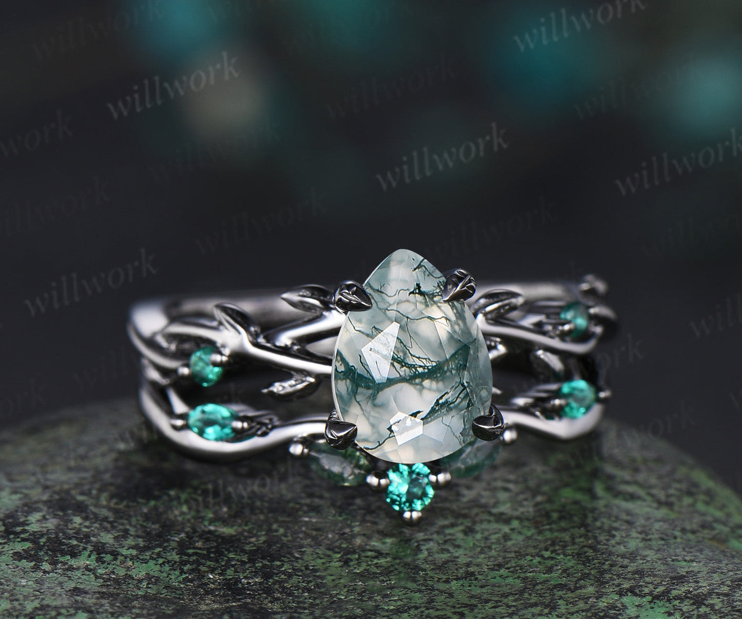 14K Black Gold Natural Green Moss Agate Emerald Engagement Ring Set Twig Vine Pear Moss Agate Wedding Ring Goth Black Promise Rings Anniversary gift