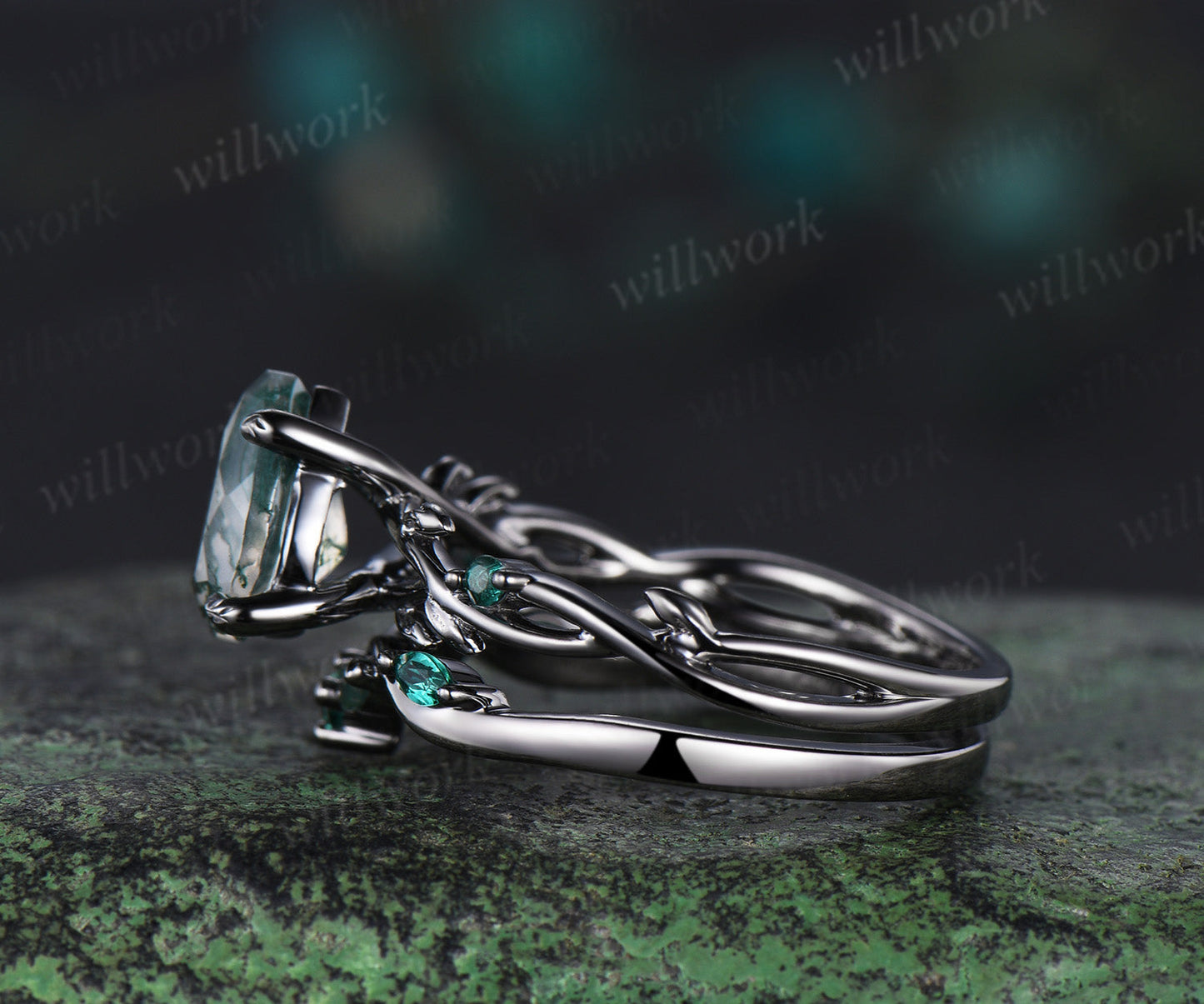 14K Black Gold Natural Green Moss Agate Emerald Engagement Ring Set Twig Vine Pear Moss Agate Wedding Ring Goth Black Promise Rings Anniversary gift