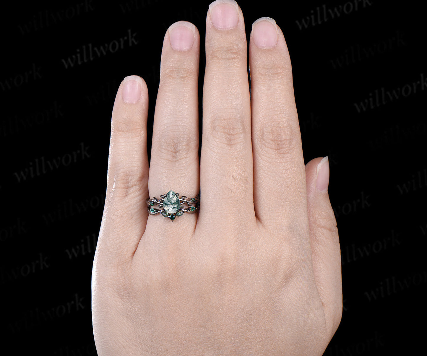 14K Black Gold Natural Green Moss Agate Emerald Engagement Ring Set Twig Vine Pear Moss Agate Wedding Ring Goth Black Promise Rings Anniversary gift