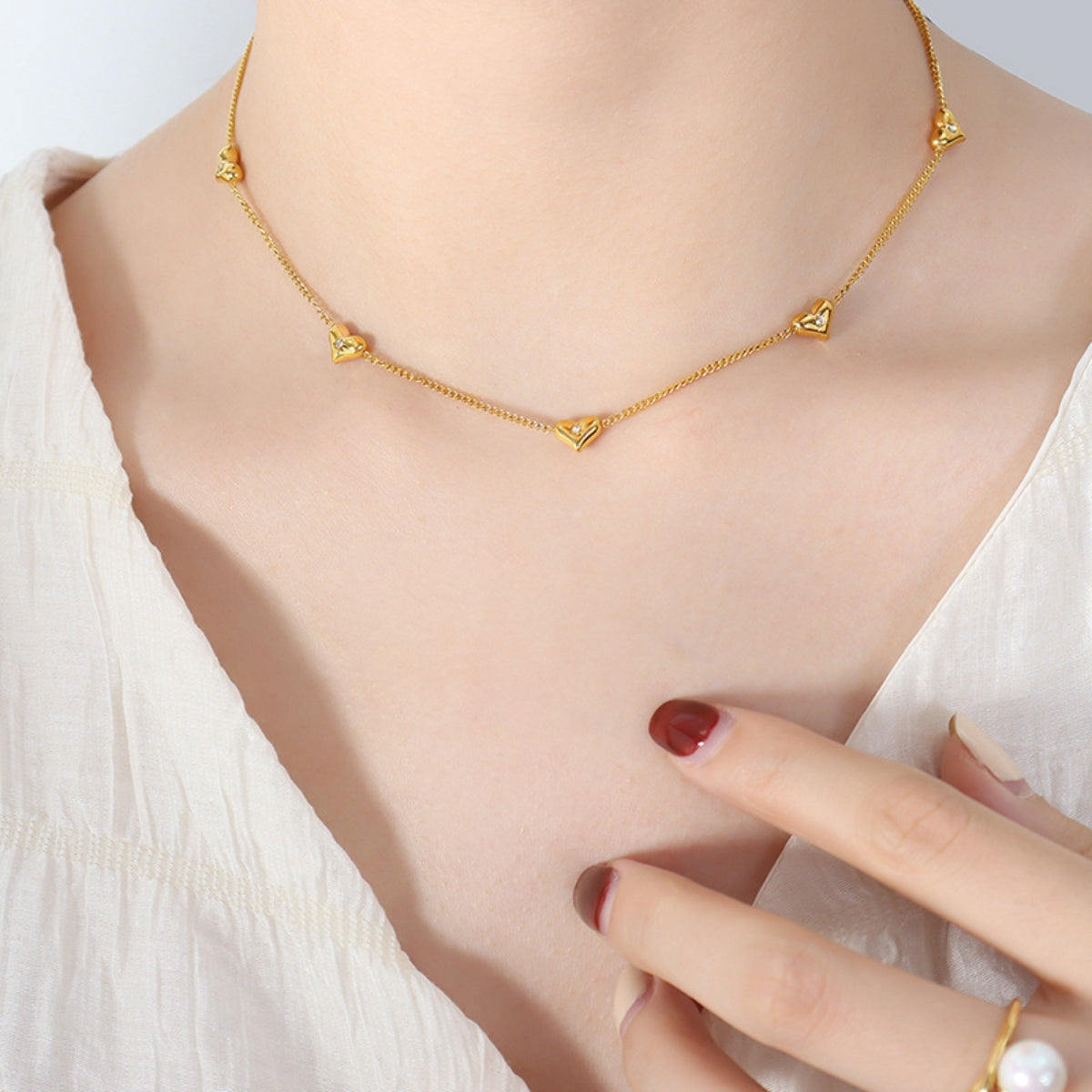 Titanium Steel Zircon Heart Necklace Gold One Size