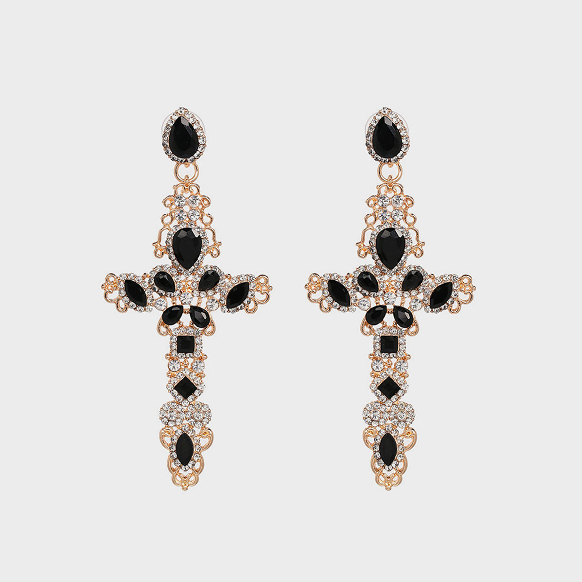 Rhinestone Alloy Cross Earrings Gold One Size