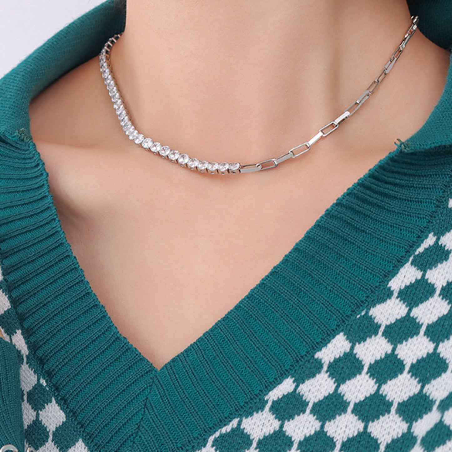 Zircon Titanium Steel Necklace Silver One Size