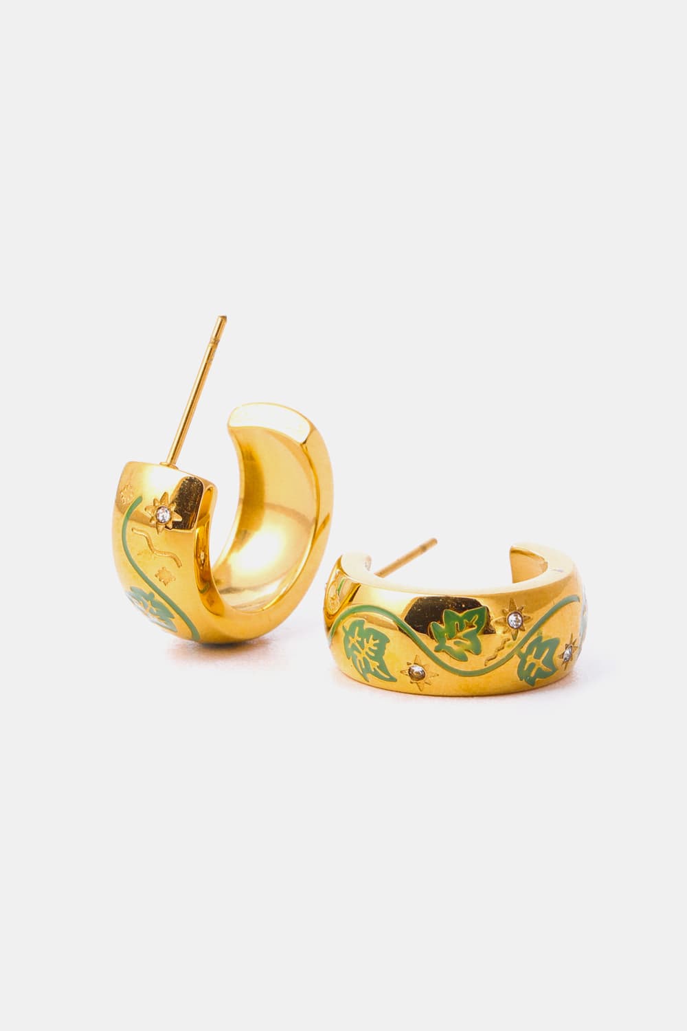 Stainless Steel 18K Gold Plated Ring Shape C-Hoop Earrings Green One Size