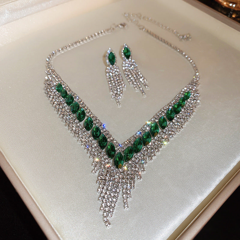 Copper Rhinestone Earrings and Necklace Jewelry Set Dark Green One Size