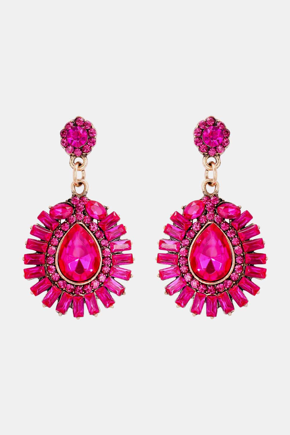 Teardrop Shape Glass Stone Dangle Earrings Hot Pink One Size