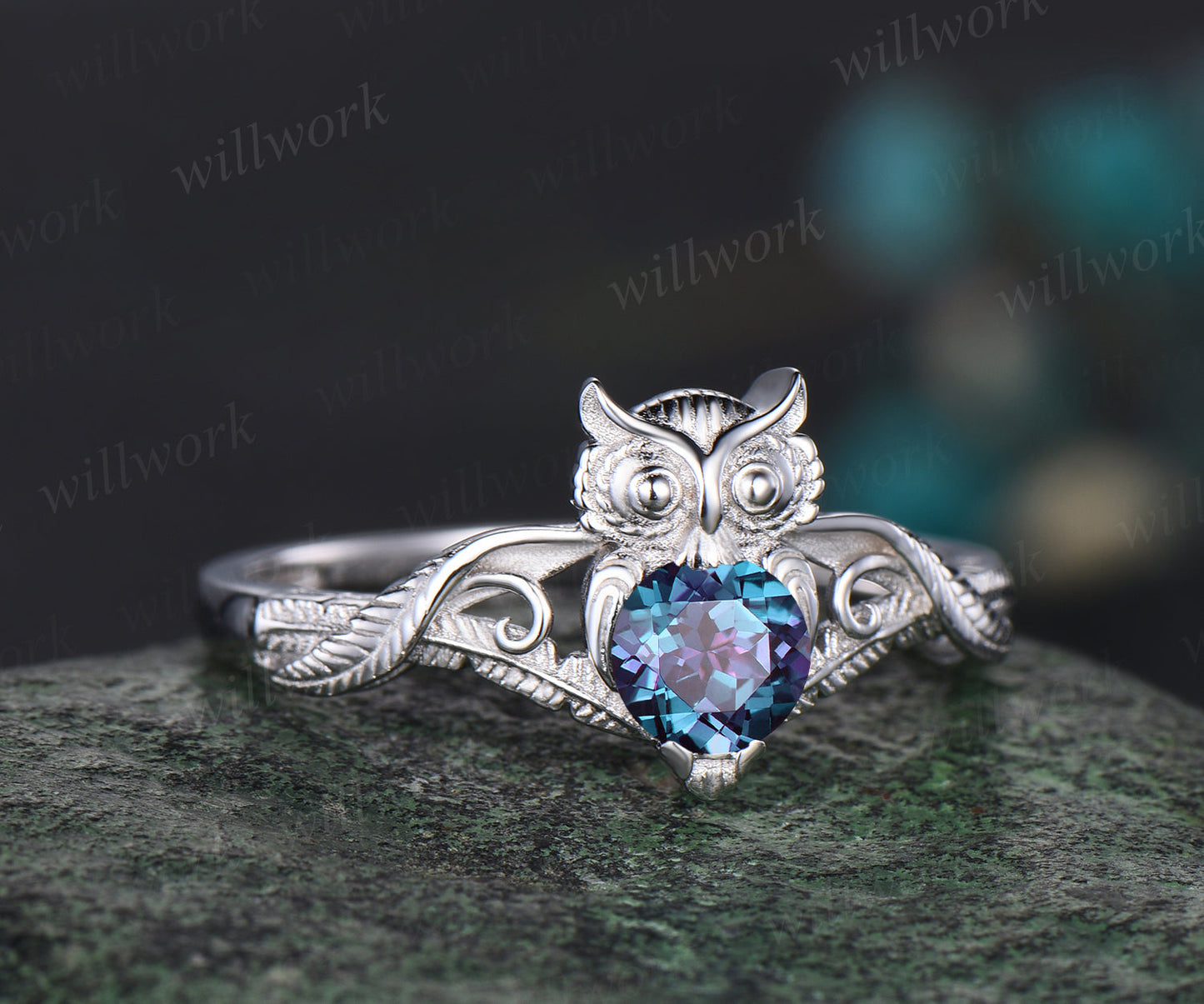 Unique Branch Twig Vine Owl Engagement Ring Round Color-Change Alexandrite Wedding Ring Cute Owl Antique Nature Inspired Alexandrite Jewelry - KONY'S CHARM LLC