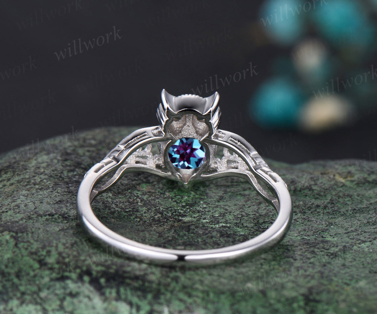 Unique Branch Twig Vine Owl Engagement Ring Round Color-Change Alexandrite Wedding Ring Cute Owl Antique Nature Inspired Alexandrite Jewelry - KONY'S CHARM LLC