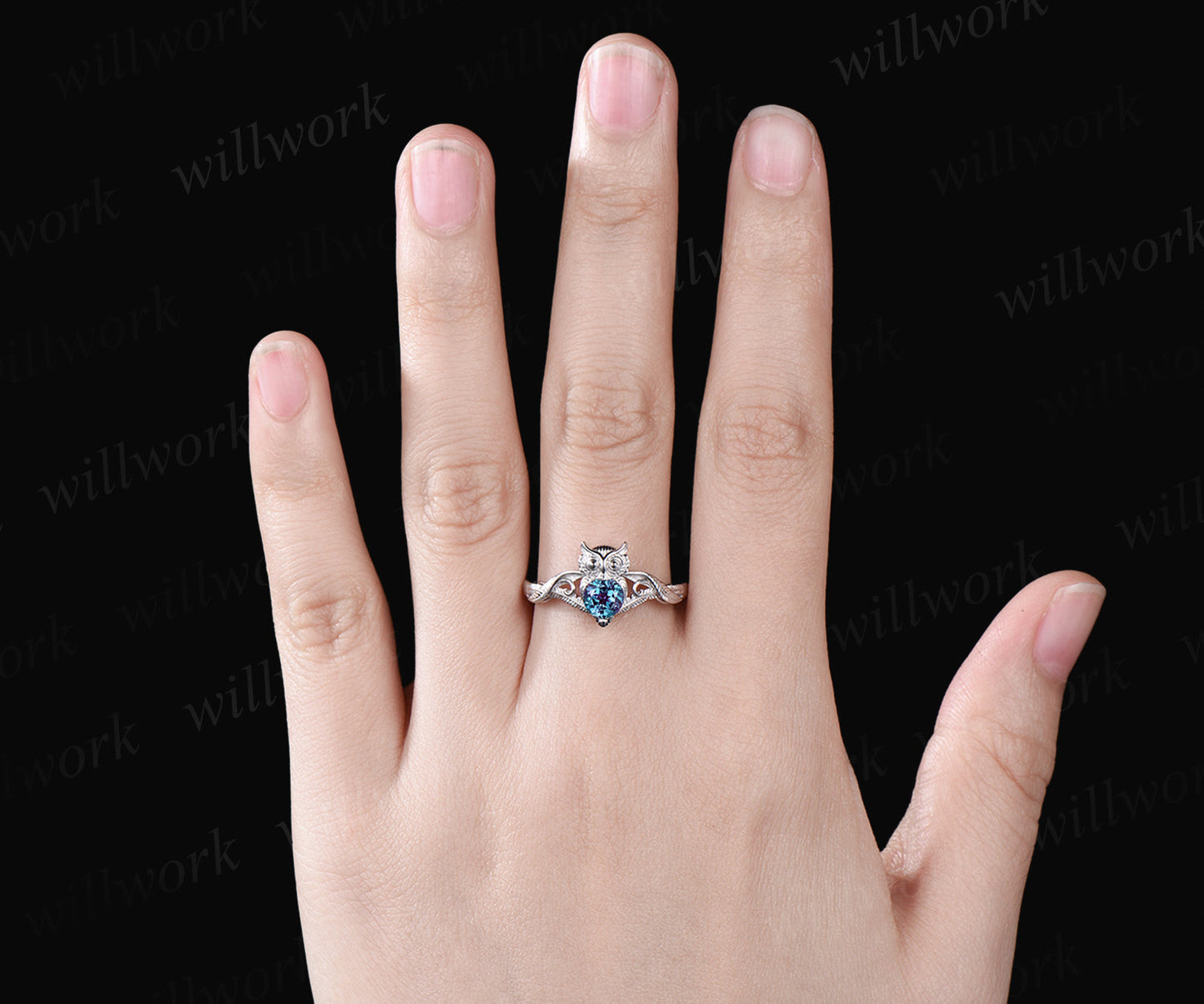 Unique Branch Twig Vine Owl Engagement Ring Round Color-Change Alexandrite Wedding Ring Cute Owl Antique Nature Inspired Alexandrite Jewelry - KONY'S CHARM LLC