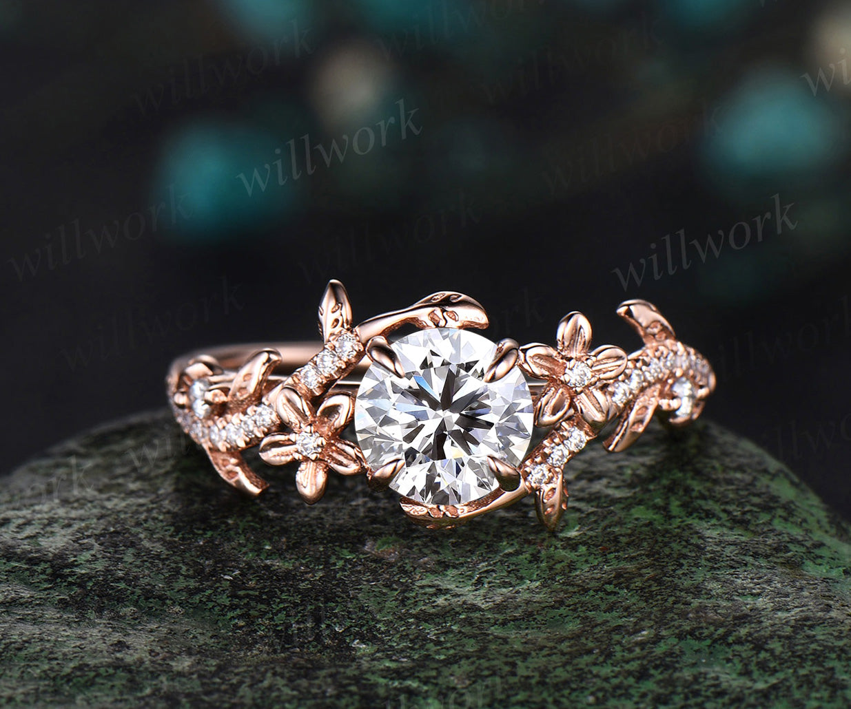 1 Carat Round IGI Lab Grown Diamond Ring 14k Rose Gold Flower Engagement Ring Set IGI Certified Diamond Wedding Ring Nature Entangled Vines Ring 1pc main ring