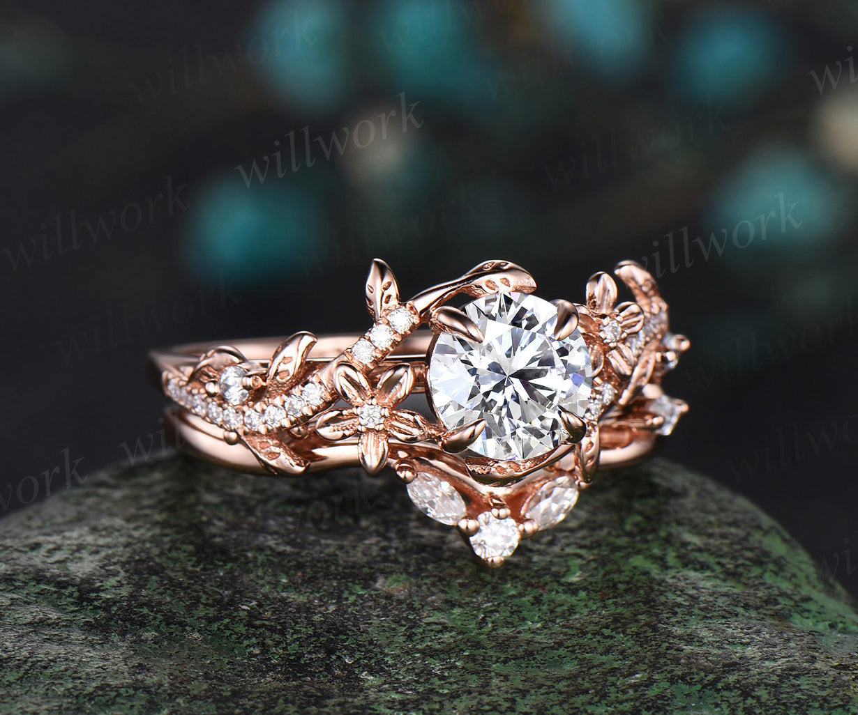 1 Carat Round IGI Lab Grown Diamond Ring 14k Rose Gold Flower Engagement Ring Set IGI Certified Diamond Wedding Ring Nature Entangled Vines Ring