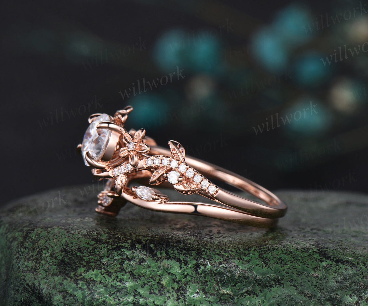 1 Carat Round IGI Lab Grown Diamond Ring 14k Rose Gold Flower Engagement Ring Set IGI Certified Diamond Wedding Ring Nature Entangled Vines Ring