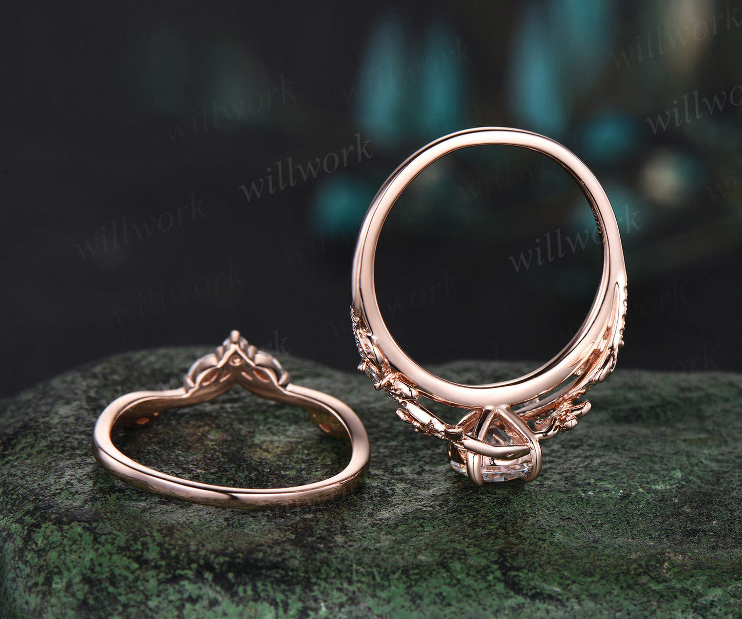 1 Carat Round IGI Lab Grown Diamond Ring 14k Rose Gold Flower Engagement Ring Set IGI Certified Diamond Wedding Ring Nature Entangled Vines Ring