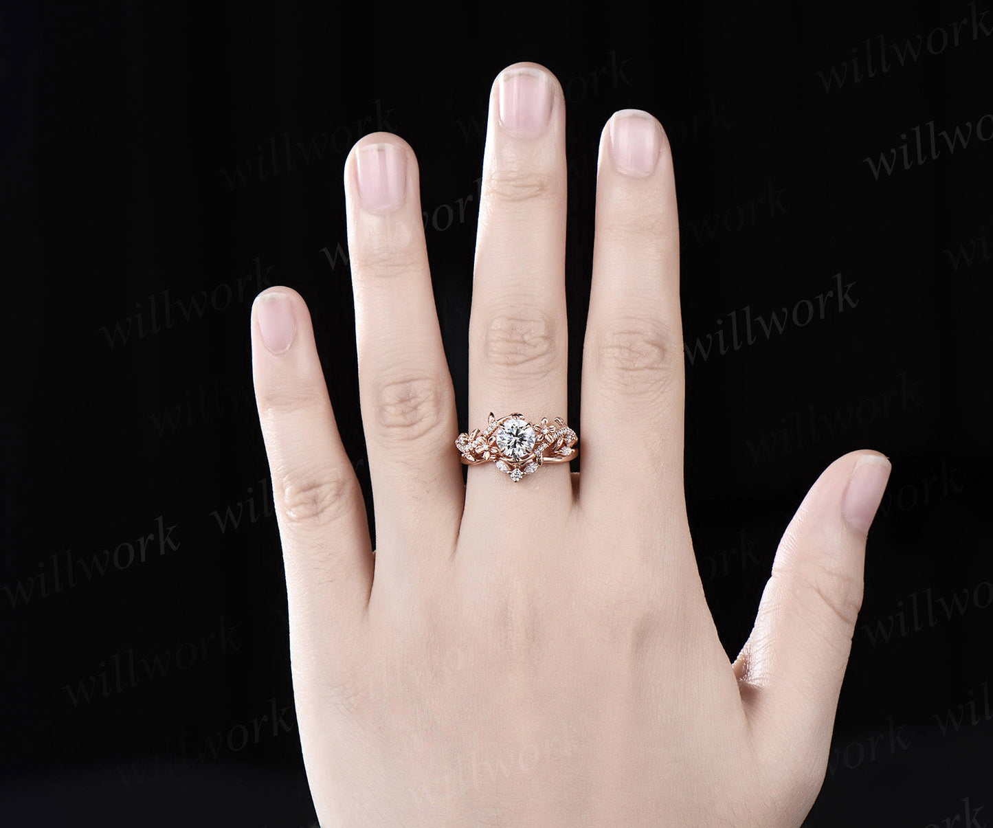1 Carat Round IGI Lab Grown Diamond Ring 14k Rose Gold Flower Engagement Ring Set IGI Certified Diamond Wedding Ring Nature Entangled Vines Ring