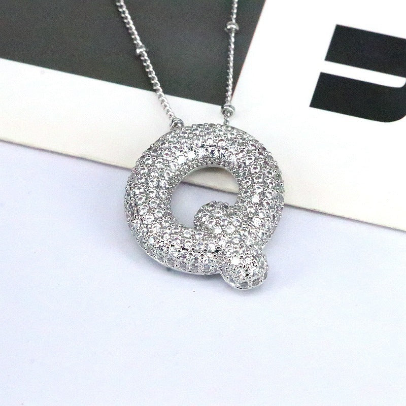 Copper Inlaid Zircon Letter Pendant Necklace Style Q One Size