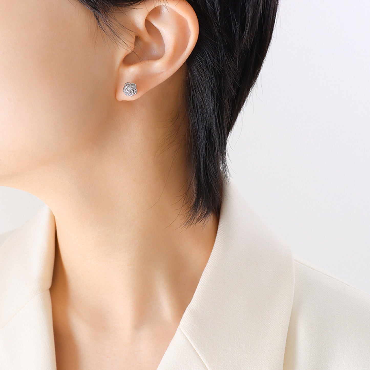 Titanium Steel Rose Stud Earrings Silver One Size