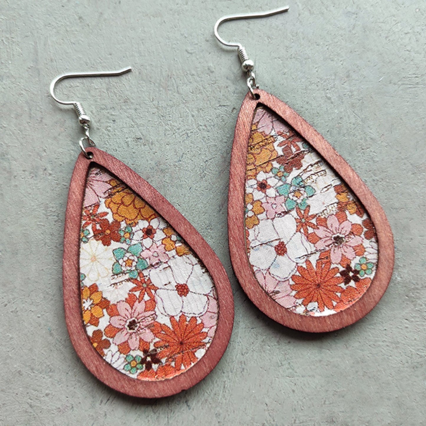 Floral Wood Teardrop Earrings Caramel One Size