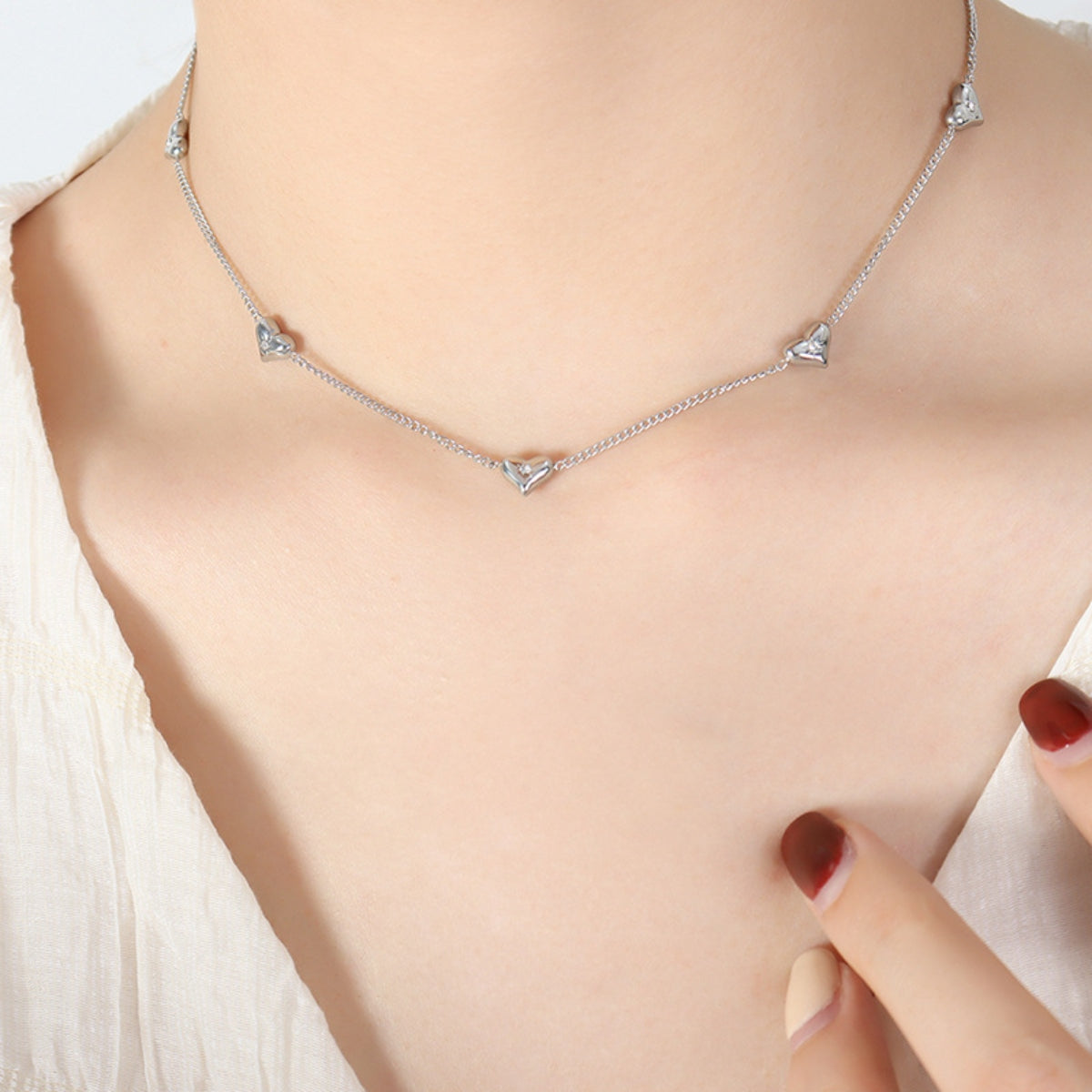 Titanium Steel Zircon Heart Necklace Silver One Size