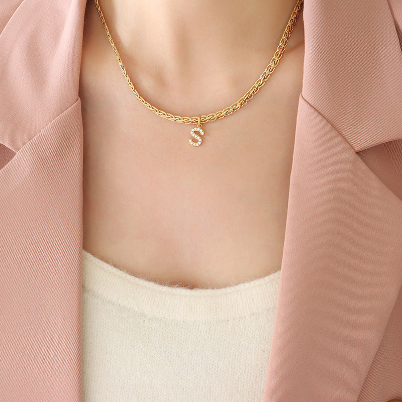 Brass Inlaid Zircon Letter Pendant Necklace Style S One Size