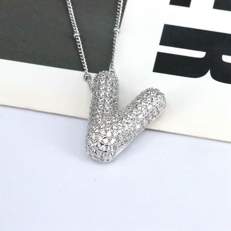 Copper Inlaid Zircon Letter Pendant Necklace Style V One Size