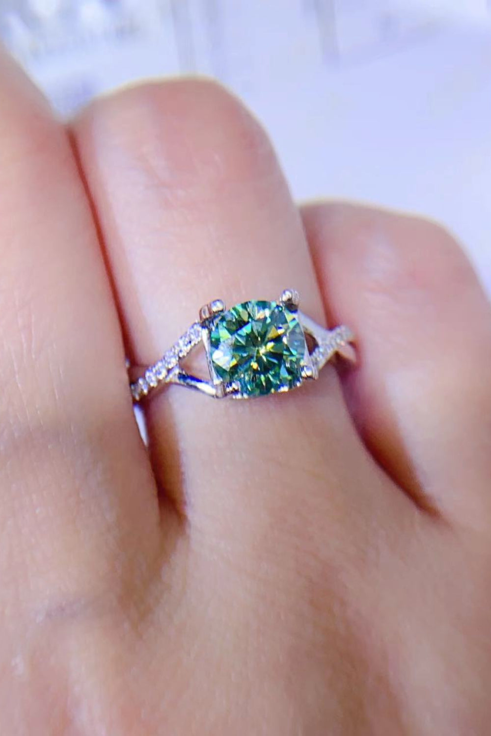 1 Carat Moissanite 925 Sterling Silver Ring Light Green