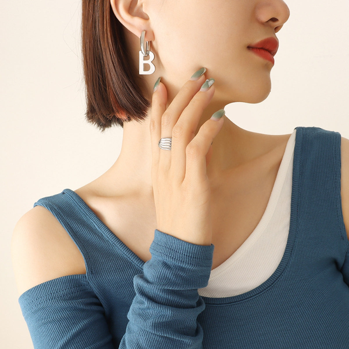 Letter B Titanium Steel Earrings Silver One Size