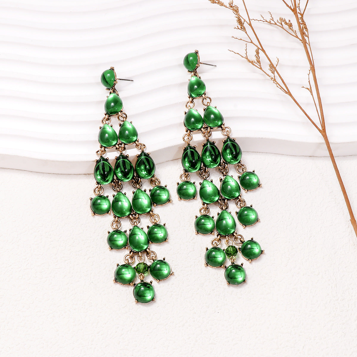 Alloy & Rhinestone Teardrop Earrings Dark Green One Size