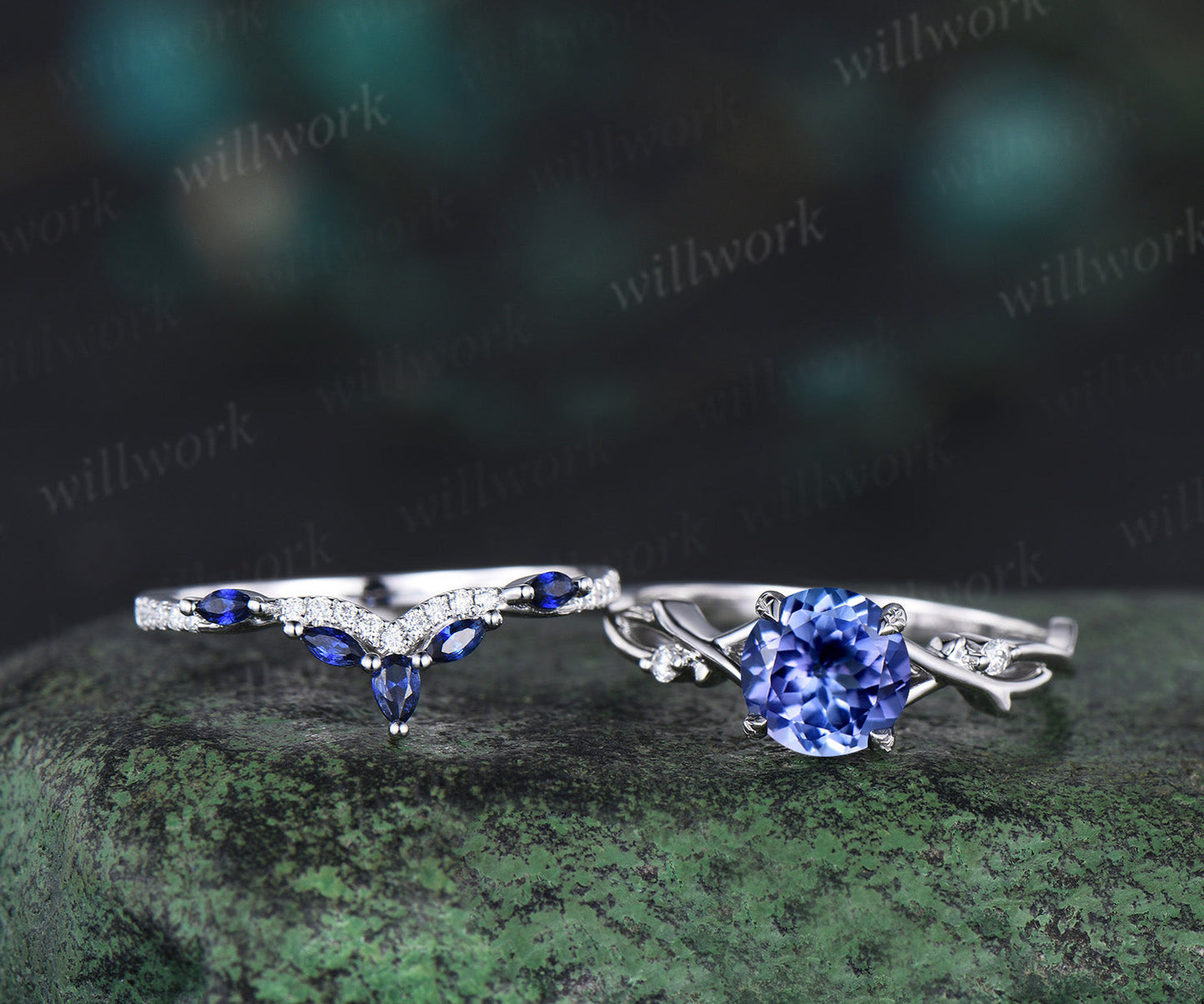 Round natural tanzanite engagement ring set art deco five stone twig moissanite ring curved sapphire wedding band birthstone jewelry