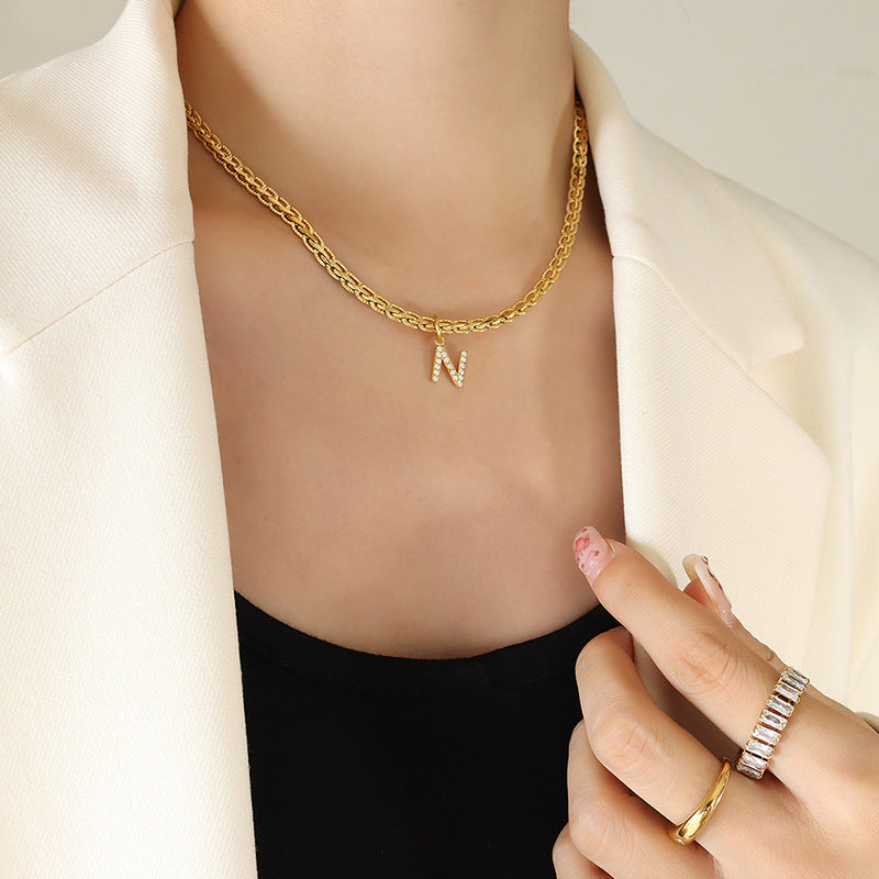 Brass Inlaid Zircon Letter Pendant Necklace Style N One Size