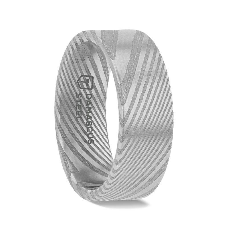 XANDER Grey Flat Brushed Damascus Steel Men’s Wedding Band with Vivid Etched Design - 6mm & 8mm 8mm