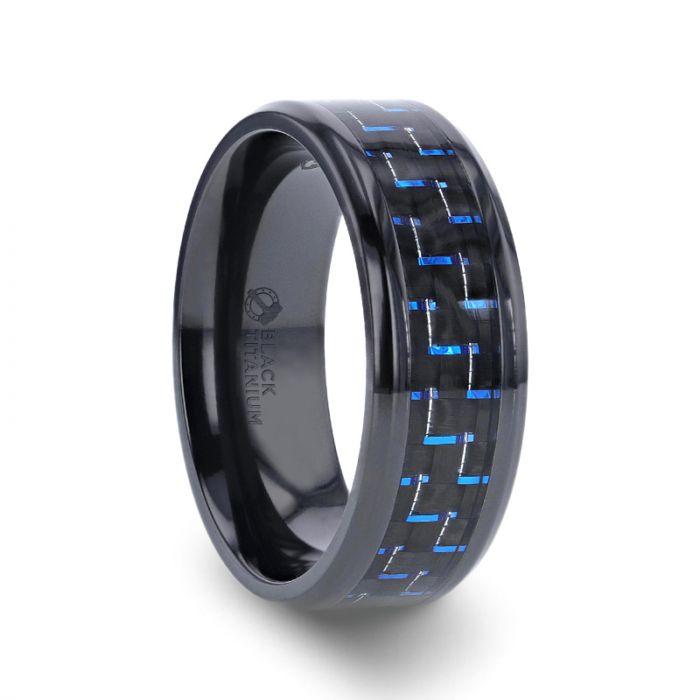 ZAYDEN Black Titanium Ring with Blue & Black Carbon Fiber Inlay and Bevels - 8mm 8mm