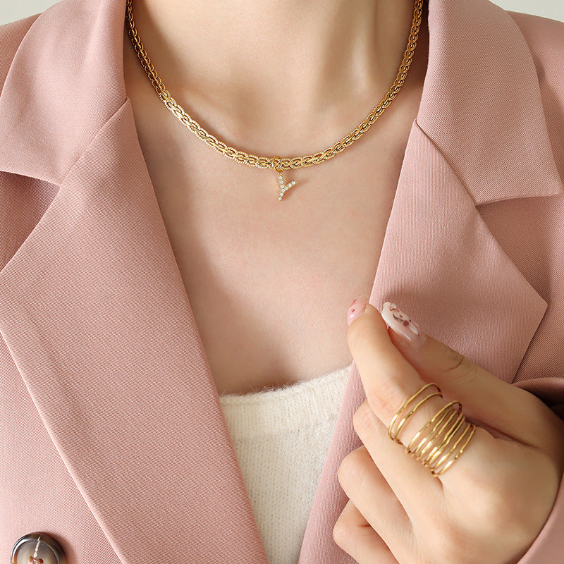 Brass Inlaid Zircon Letter Pendant Necklace Style Y One Size