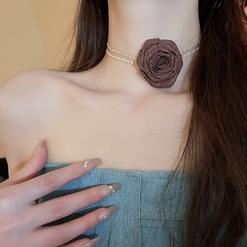 3D Rose Alloy Buckle Necklace Chocolate One Size