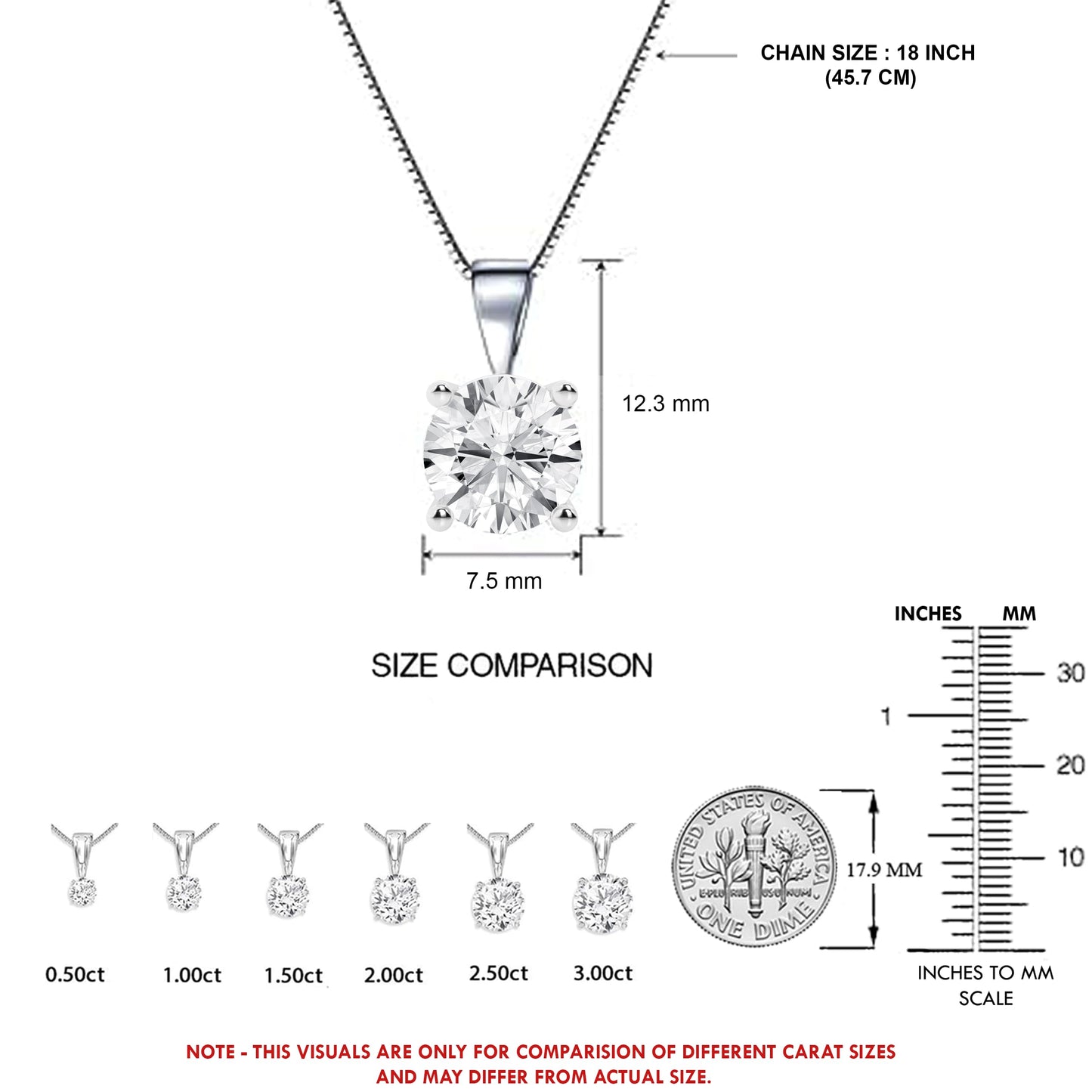 1/2 to 3 Carat Solitaire Diamond Necklaces for Women | Round Cut Lab Grown Diamond | 14K White Gold Pendant | Fine Jewelry for Her | Timeless Design | Gift Box Included