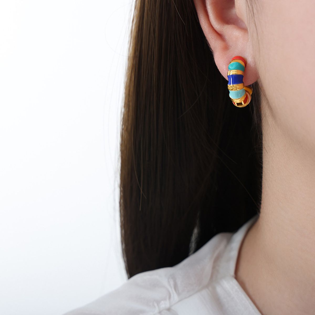 Titanium Steel Enamel Hoop Earrings Gold One Size