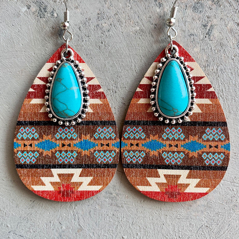 Turquoise Teardrop Shape Wooden Dangle Earrings Style A One Size
