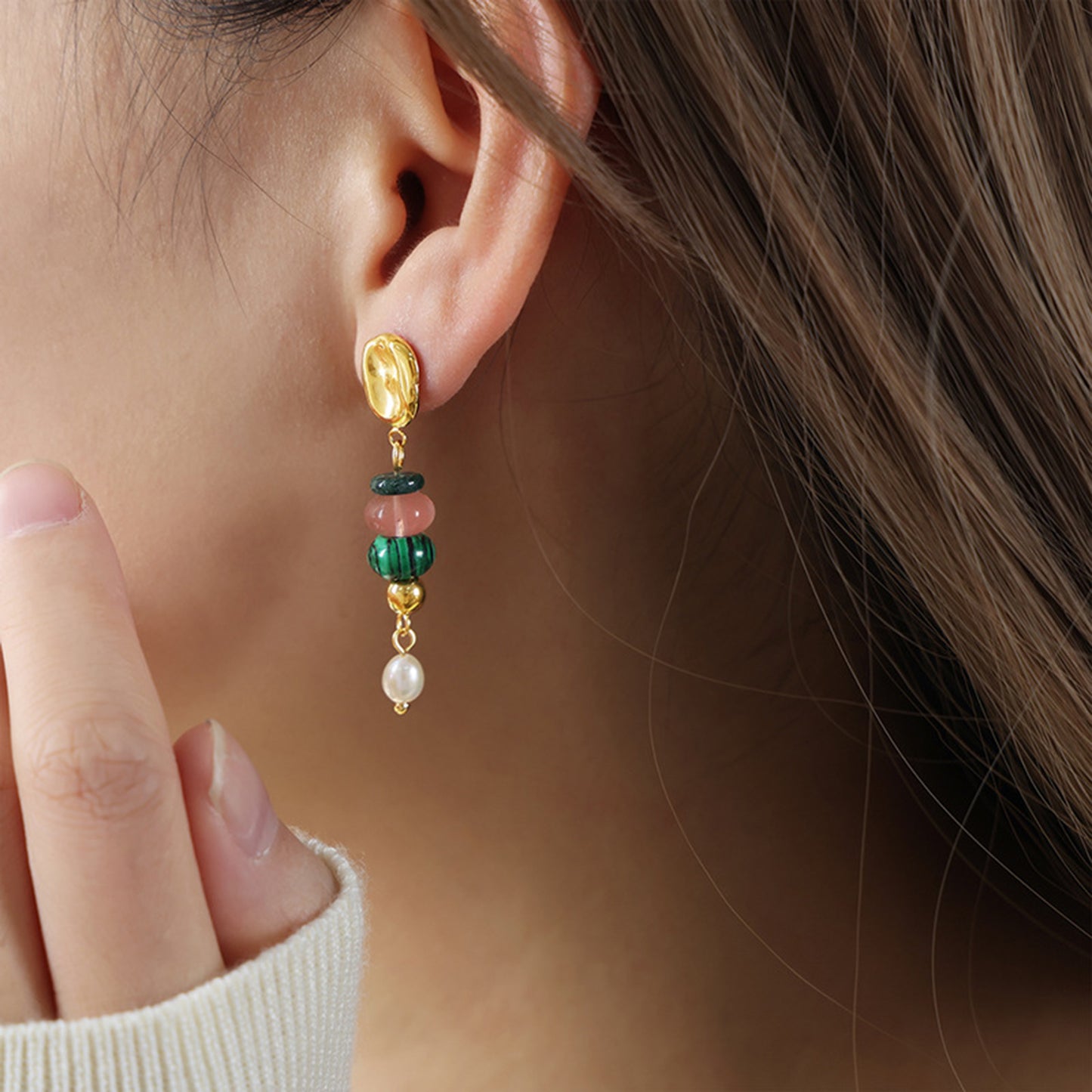 Natural Stone Freshwater Pearl Dangle Earrings Green One Size