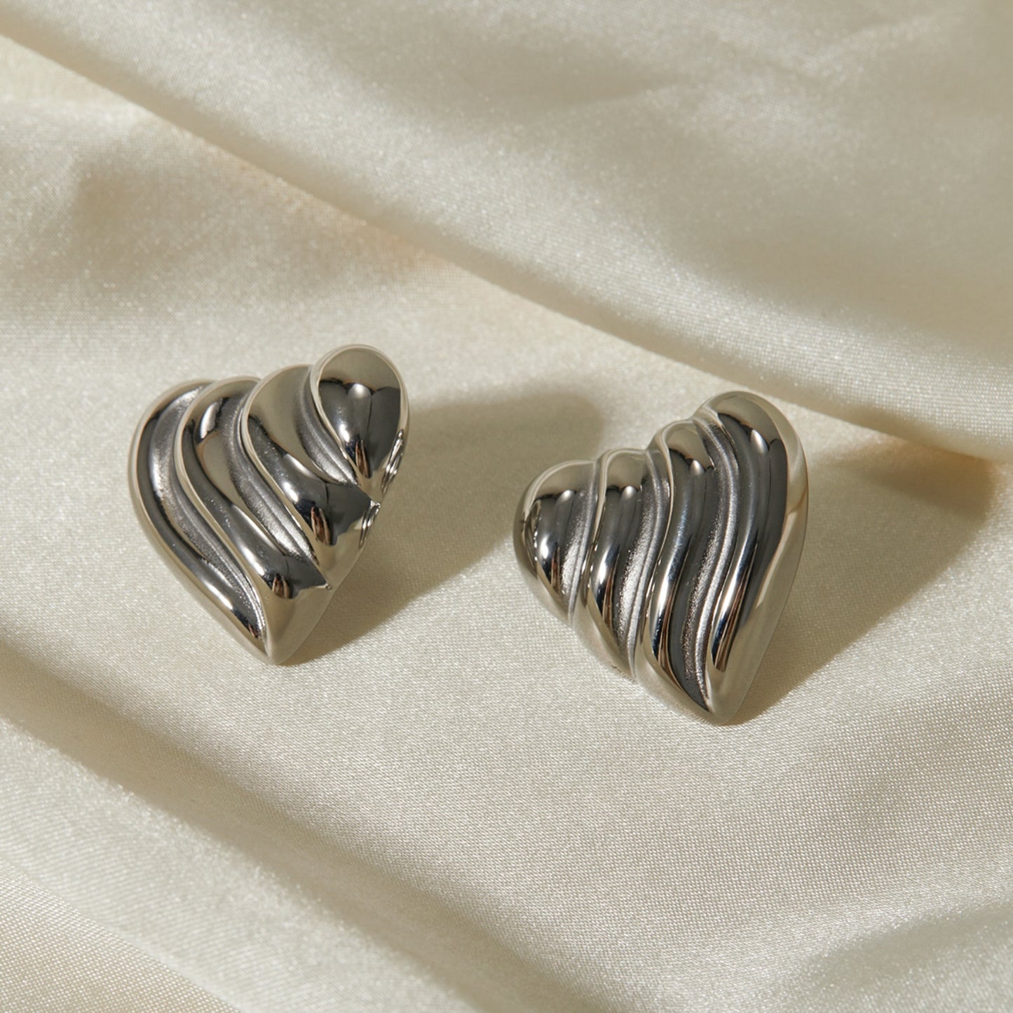 Stainless Steel Heart Shape Stud Earrings Silver One Size